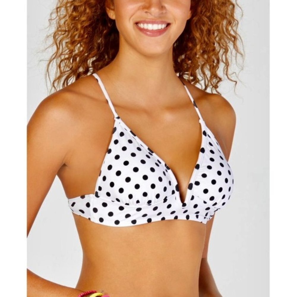 Hula Honey White Juniors' Polka-Dot Printed V-Wire Midkini Swim Top, Size XL